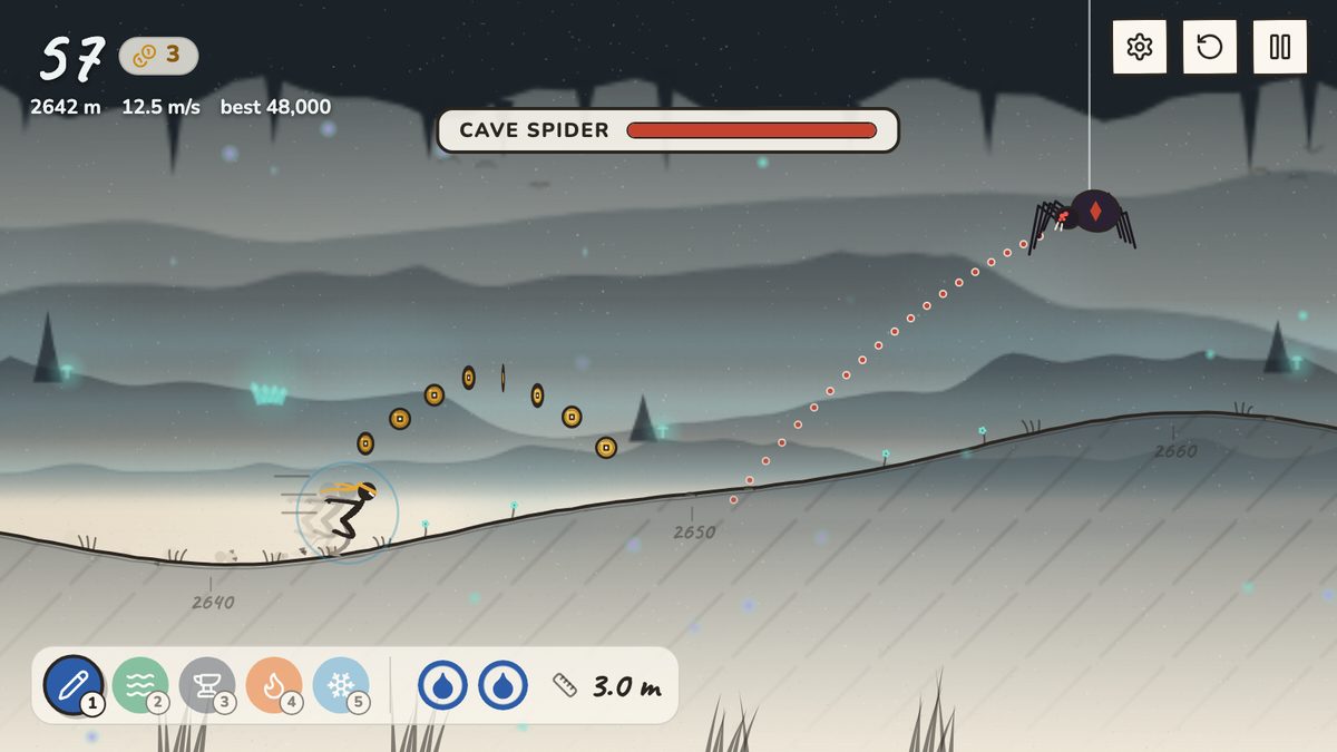 The Cave Spider hangs on her thread, red dots showing the arc of her web