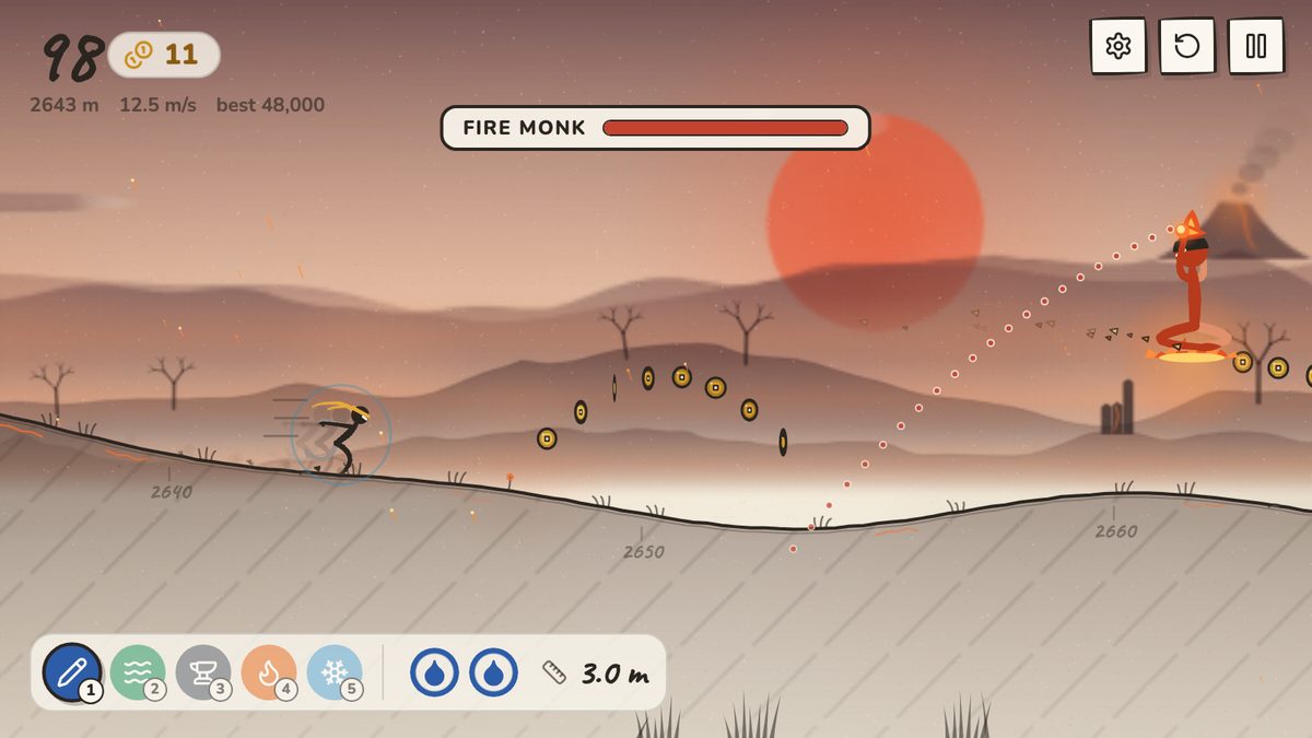 The Fire Monk levitating on a swirl of flame, red dots showing the arc of his next fireball