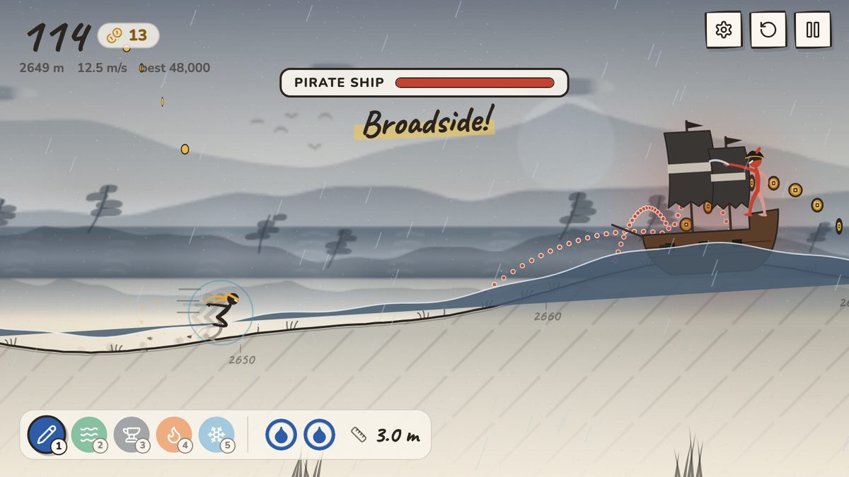 The Pirate Ship fires a broadside: three dotted arcs toward the ninja on the shore