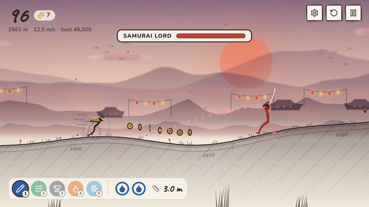 The Samurai Lord raises his katana on the rooftop, red dots showing the path of his slash