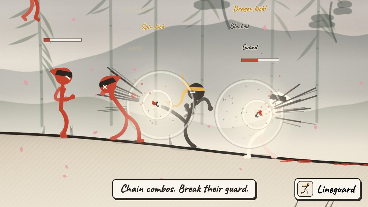 The ninja drops out of the air onto an enemy with a knee drop, mid-combo