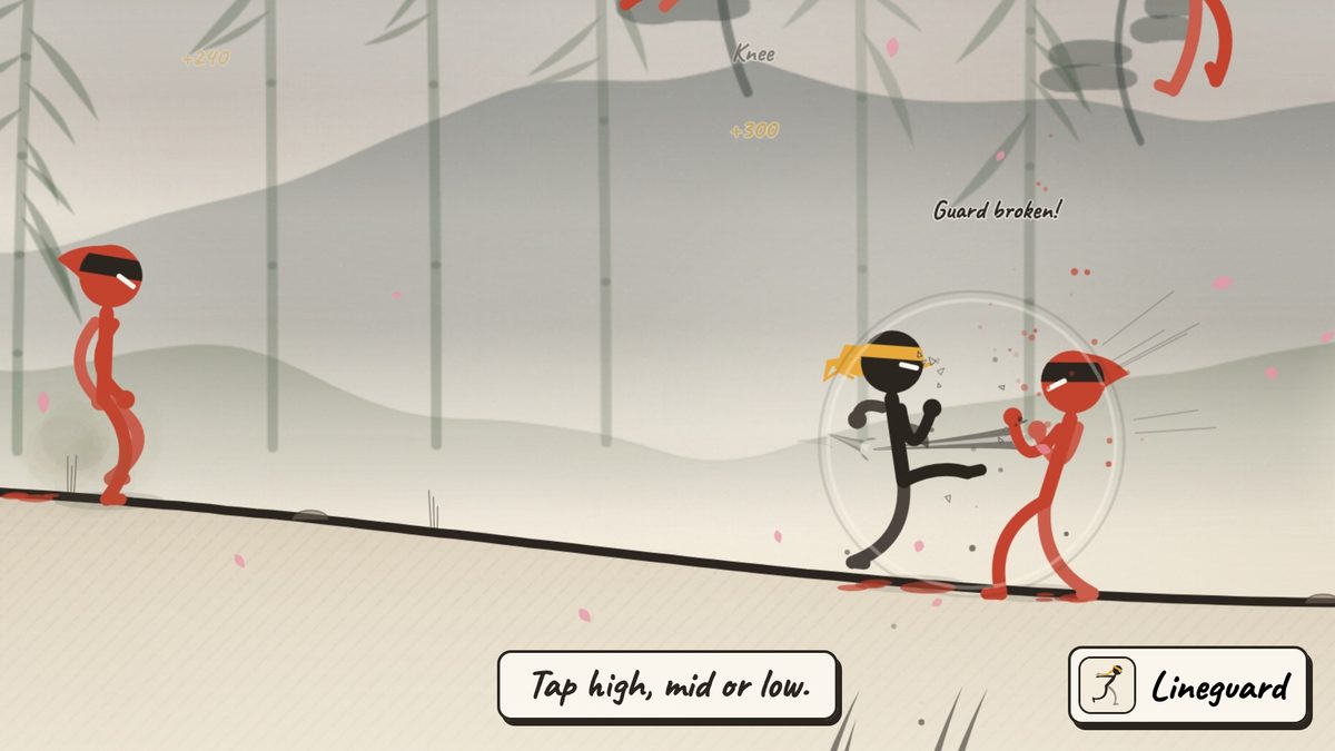 The ninja trades blows with a red fighter while another is knocked flying