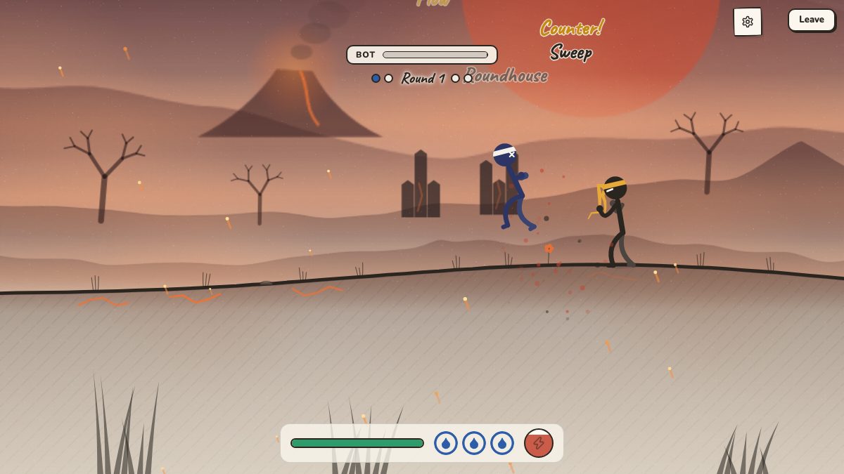 Two ninjas trading blows in a duel in the Red Desert, with the opponent health bar and round marker at the top