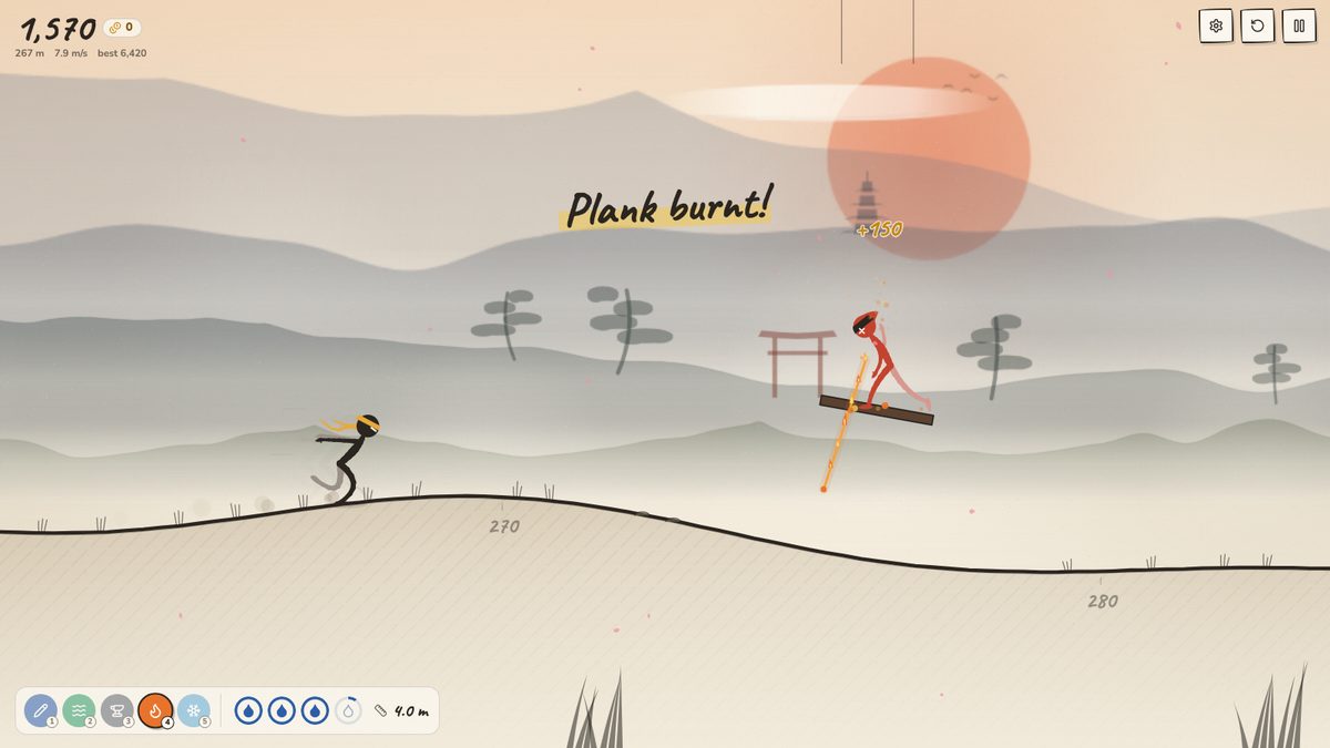 A fire line reaches up to an archer's plank and sets it alight