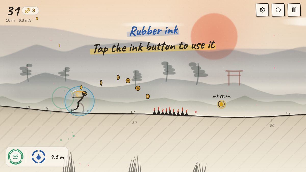 Rubber ink just picked up before a patch of thorns, with a golden orb further on