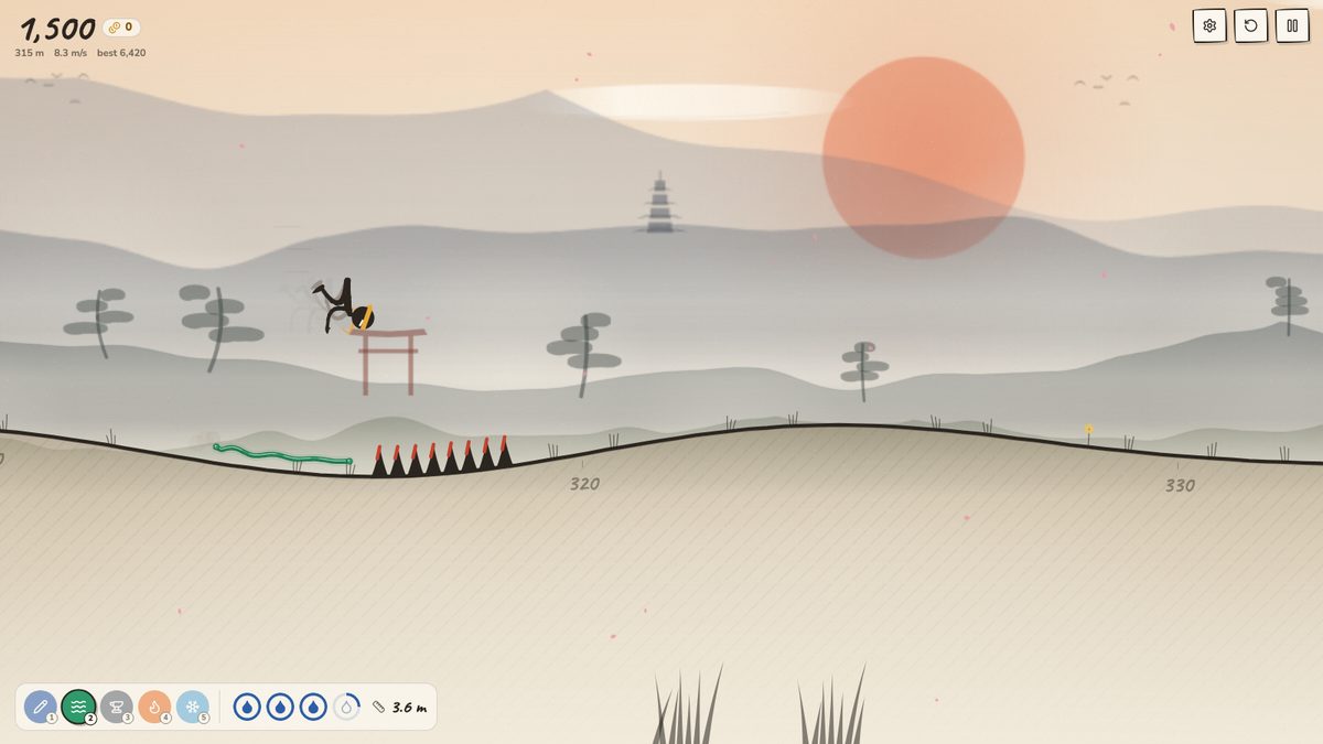The ninja flips high over a row of thorns after bouncing off a short rubber line