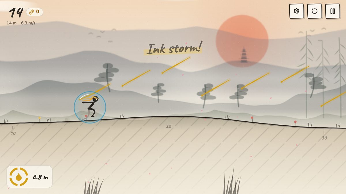 An ink storm: seven gold lines drawn at once along a run