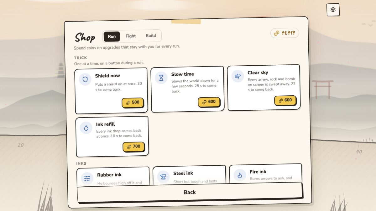 The Run tab of the Shop: run tricks with their prices, and the inks below