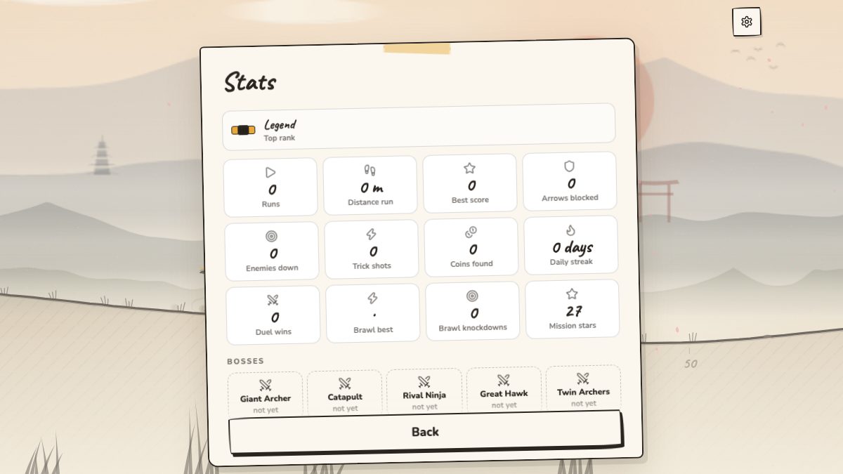 The Stats screen: the rank at the top, then records like runs, distance and badges