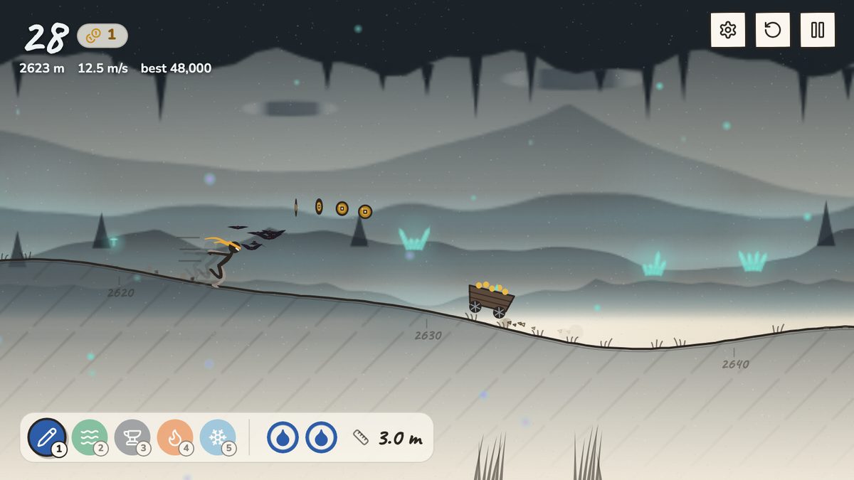A bat swarm flies at the ninja while a mine cart rolls behind it in the Mist Caves