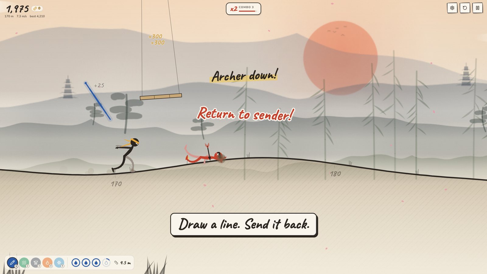 Lineguard: a ninja runs while a drawn line sends an archer's arrow straight back