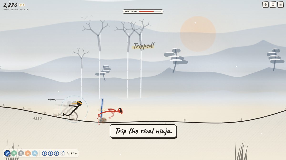 The Rival Ninja trips over a drawn line in the Snow Peaks